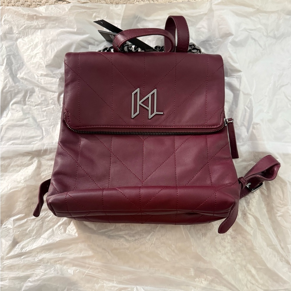 Karl Lagerfeld Quilted Wine Leather Backpack with Silver Hardware